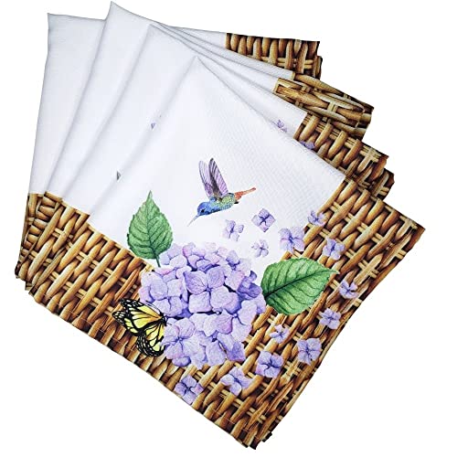 Charlo's Cloth Napkins Set of 4 Hydrangeas Flower Bird 16" by 16" - Lilac - Loft&Timber