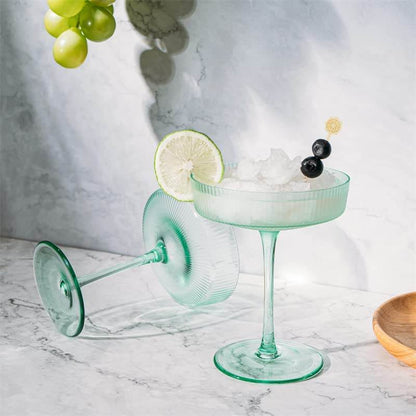 Ribbed Coupe Cocktail Glasses 8 oz | Set of 2 | Classic Manhattan Glasses For Cocktails, Champagne Coupe, Ripple Coupe Glasses, Art Deco Gatsby Vintage, Crystal with Stems (Green, Set of 2) - Loft&Timber