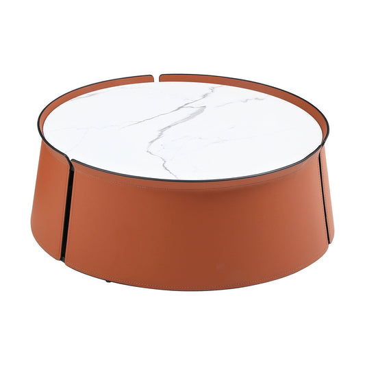 31.5" Coffee Table, Marble Top and Orange Saddle Leather Body - Loft&Timber