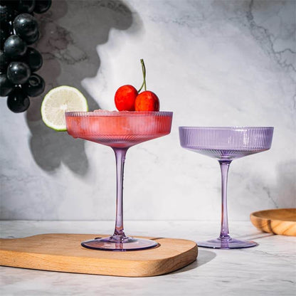 Ribbed Coupe Cocktail Glasses 8 oz | Set of 2 | Classic Manhattan Glasses For Cocktails, Champagne Coupe, Ripple Coupe Glasses, Art Deco Gatsby Vintage, Crystal with Stems (Lavender, Set of 2) - Loft&Timber