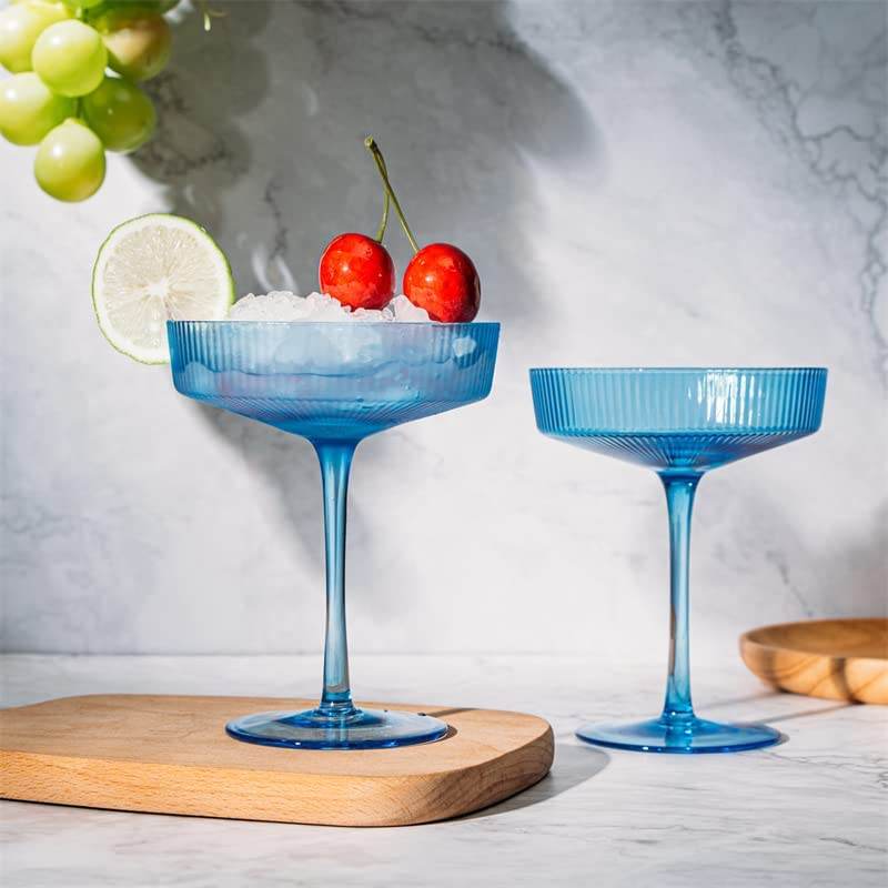 Ribbed Coupe Cocktail Glasses 8 oz | Set of 2 | Classic Manhattan Glasses For Cocktails, Champagne Coupe, Ripple Coupe Glasses, Art Deco Gatsby Vintage, Crystal with Stems (Blue, Set of 2) - Loft&Timber