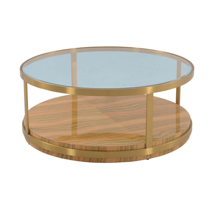 43" Clear Gold And Brown Glass Wood and Metal Round Coffee Table With Shelf - Loft&Timber