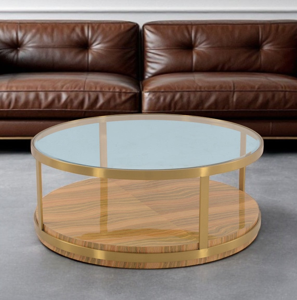 43" Clear Gold And Brown Glass Wood and Metal Round Coffee Table With Shelf - Loft&Timber