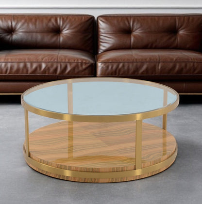 43" Clear Gold And Brown Glass Wood and Metal Round Coffee Table With Shelf - Loft&Timber