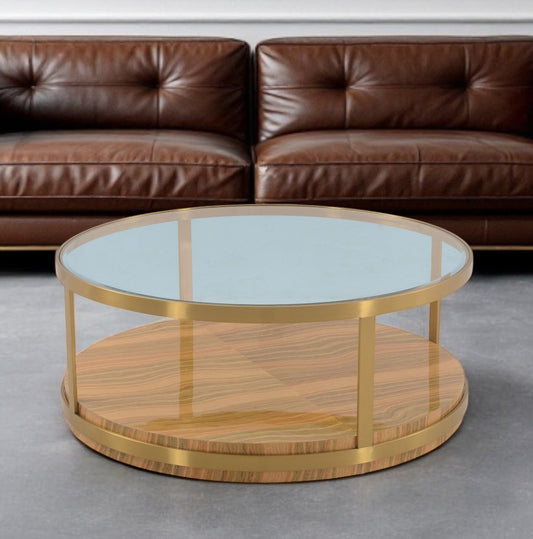 43" Clear Gold And Brown Glass Wood and Metal Round Coffee Table With Shelf - Loft&Timber
