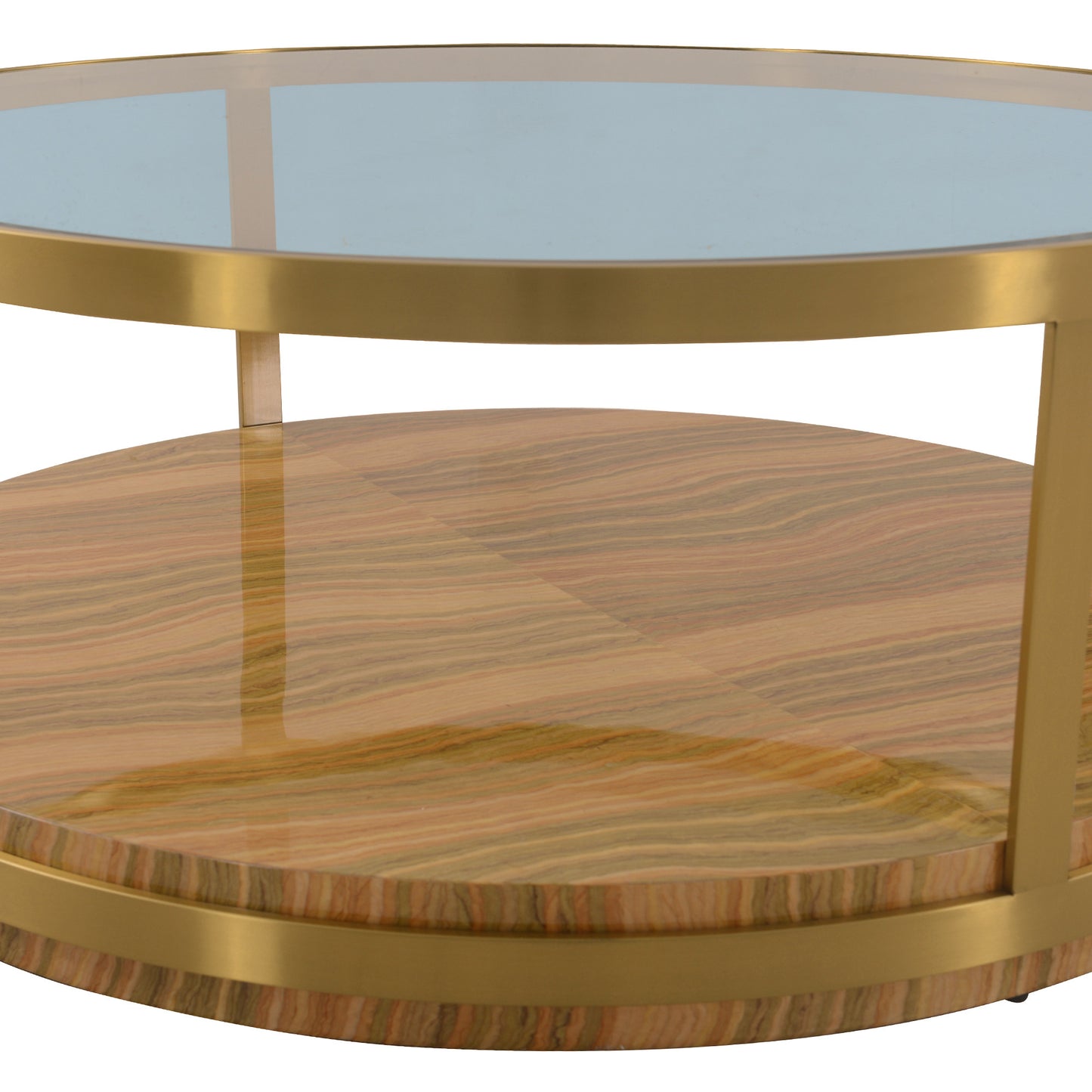 43" Clear Gold And Brown Glass Wood and Metal Round Coffee Table With Shelf - Loft&Timber