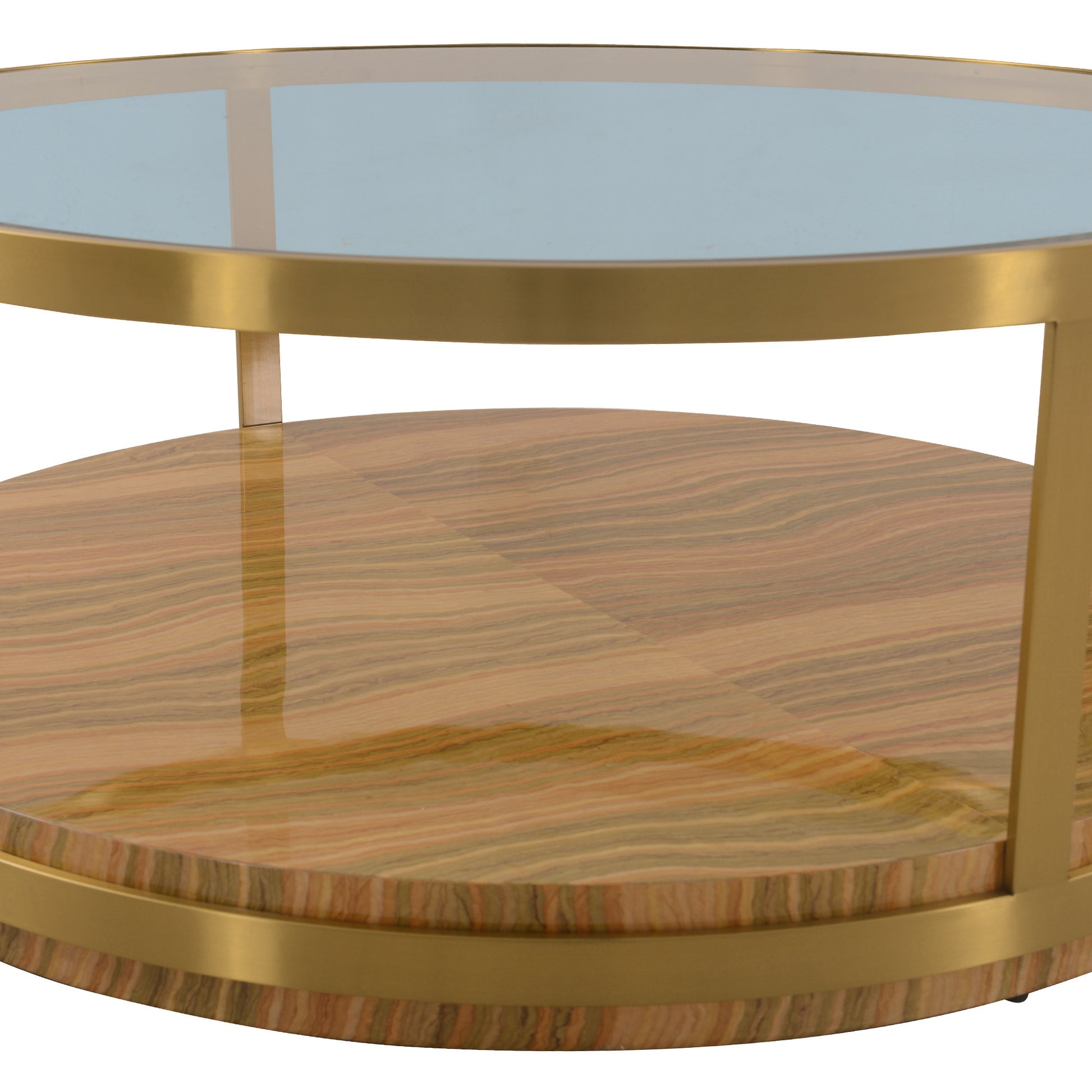 43" Clear Gold And Brown Glass Wood and Metal Round Coffee Table With Shelf - Loft&Timber