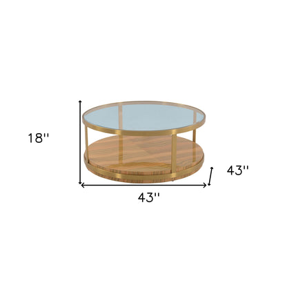 43" Clear Gold And Brown Glass Wood and Metal Round Coffee Table With Shelf - Loft&Timber