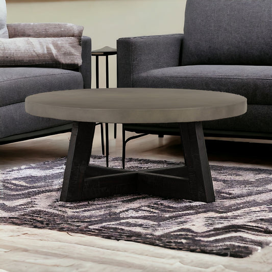 36" Gray And Black Concrete And Solid Wood Round Coffee Table - Loft&Timber