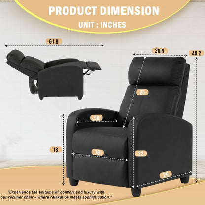 Recliner Chair Single Reclining Sofa Home Theater Seating with Lumbar Support and Padded Backrest for Living Room and Bedroom (Leather, Black)-1