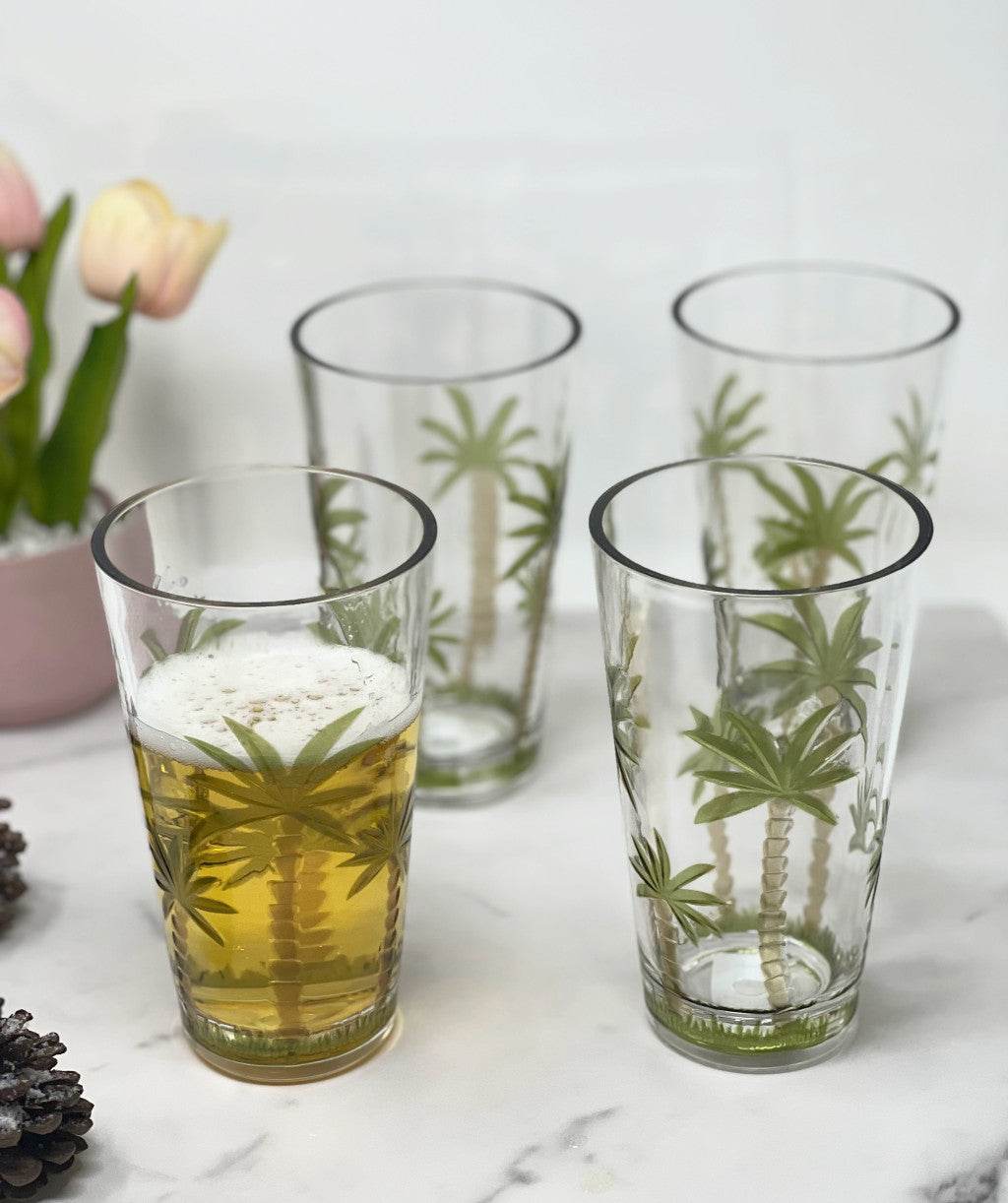 Set of Four Clear and Green Palm Tree Acrylic Highball Glasses - Loft&Timber