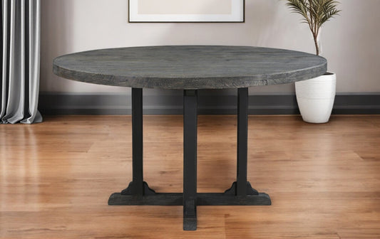 54" Black Rounded Solid Wood Pedestal Base Dining Table - Loft&Timber