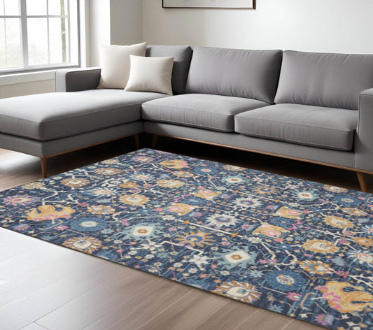 9' X 12' Blue And Gold Floral Area Rug - Loft&Timber