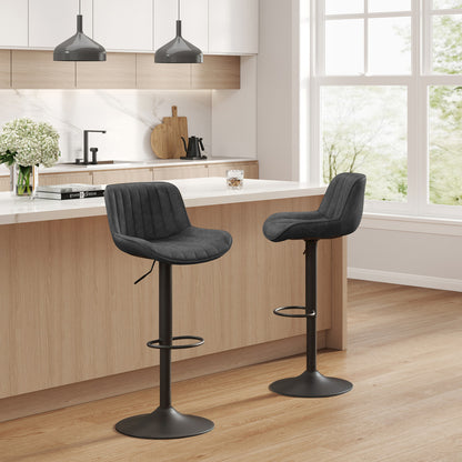 Set of Two 31" Black Faux Leather And Steel Swivel Low Back Adjustable Height Bar Chairs - Loft&Timber