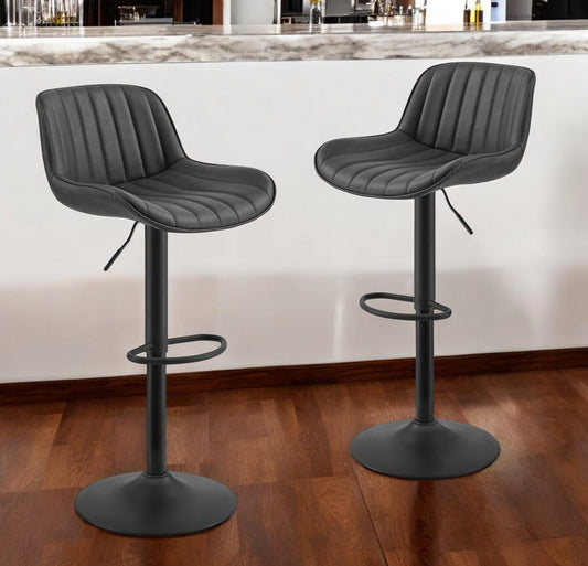 Set of Two 31" Black Faux Leather And Steel Swivel Low Back Adjustable Height Bar Chairs - Loft&Timber