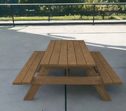 94" Brown Solid Wood Outdoor Picnic Table with Umbrella Hole-0