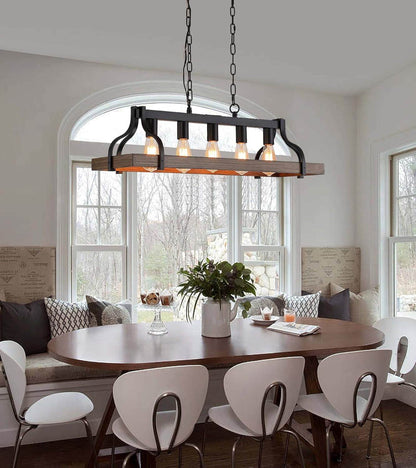 Rustic Kitchen Island Dining Room Light Fixture Farmhouse Linear Chandelier Black and Retro Wood Finish 5-Light Industrial Metal Hanging Pendant Light UL Listed L33.5 W10.6 - Loft&Timber