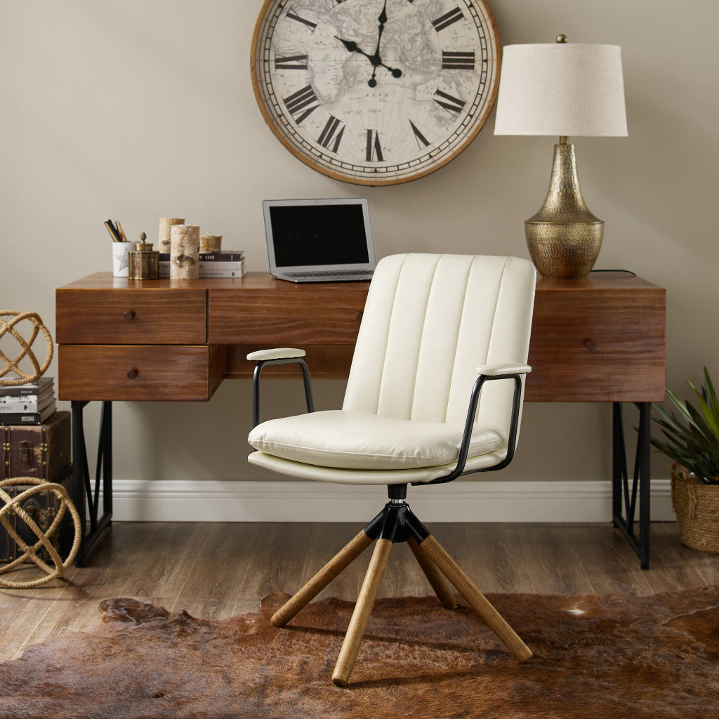 23" Off White Faux Leather And Brown Swivel Arm Chair - Loft&Timber
