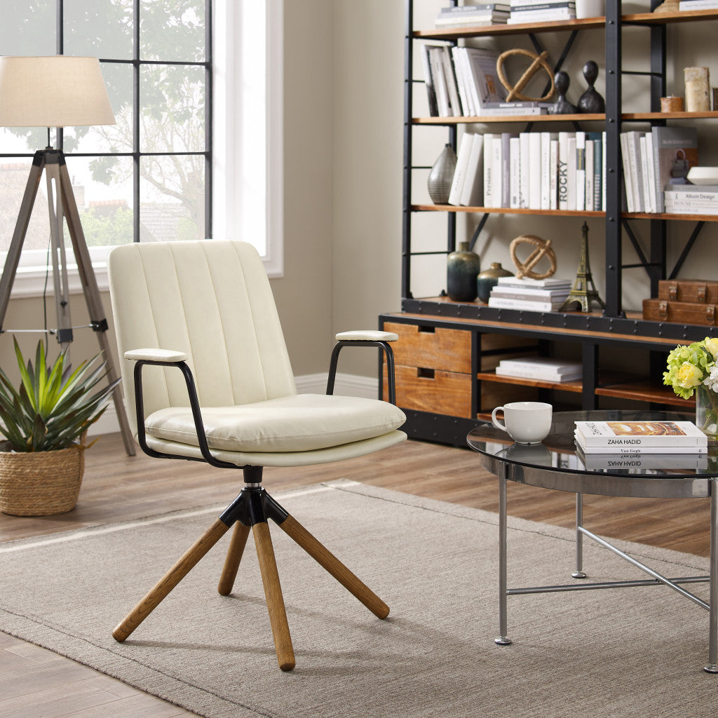 23" Off White Faux Leather And Brown Swivel Arm Chair - Loft&Timber