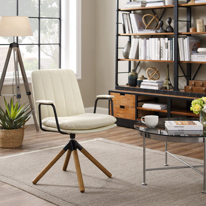 23" Off White Faux Leather And Brown Swivel Arm Chair - Loft&Timber