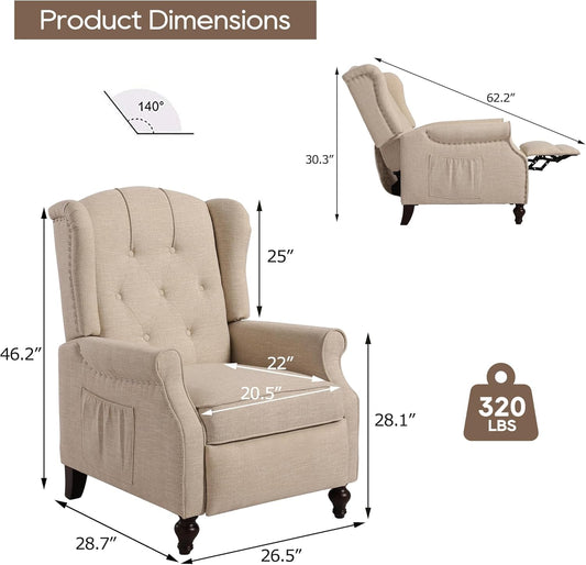 Wingback Recliner Chair with Massage and Heat, Tufted Fabric Push Back Recliner Chair for Living Room, Vintage Wingback Chair with Remote Control, Padded Cushion, Backrest, Wooden Legs-1