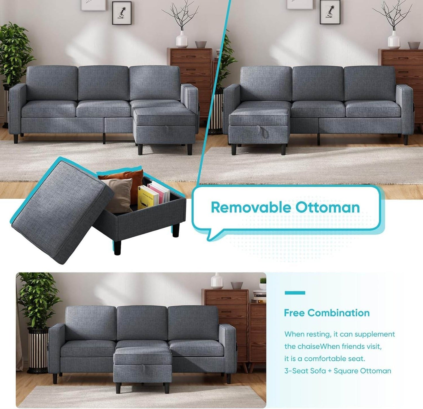 6 Seaters Sectional Upholstered Sofa, Linen Fabric Sofa Couch with Side Pockets, Free Combination Sofa Set with Movable Storage Ottoman, for Living Room-Sofa&Loveseat&Chair&Ottoman,Dark Grey - Loft&Timber