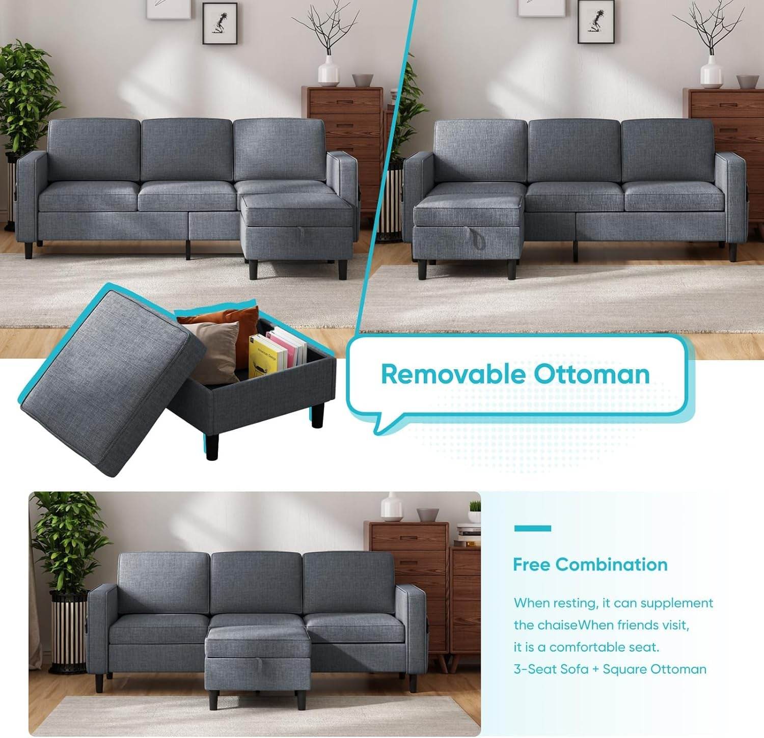 6 Seaters Sectional Upholstered Sofa, Linen Fabric Sofa Couch with Side Pockets, Free Combination Sofa Set with Movable Storage Ottoman, for Living Room-Sofa&Loveseat&Chair&Ottoman,Dark Grey - Loft&Timber