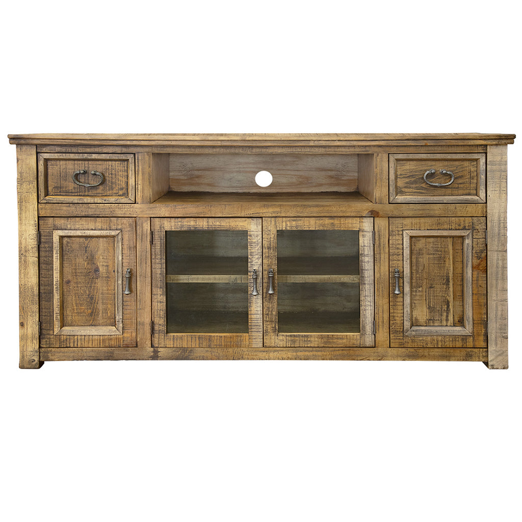 70" Brown Solid Wood Cabinet Enclosed Storage Distressed TV Stand-1