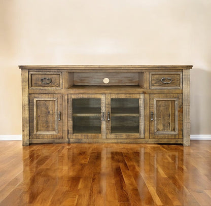 70" Brown Solid Wood Cabinet Enclosed Storage Distressed TV Stand-0