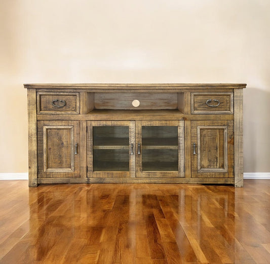 70" Brown Solid Wood Cabinet Enclosed Storage Distressed TV Stand-0