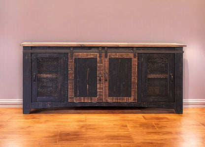 70" Black Solid Wood Cabinet Enclosed Storage Distressed TV Stand-0