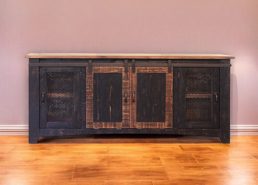 70" Black Solid Wood Cabinet Enclosed Storage Distressed TV Stand-0