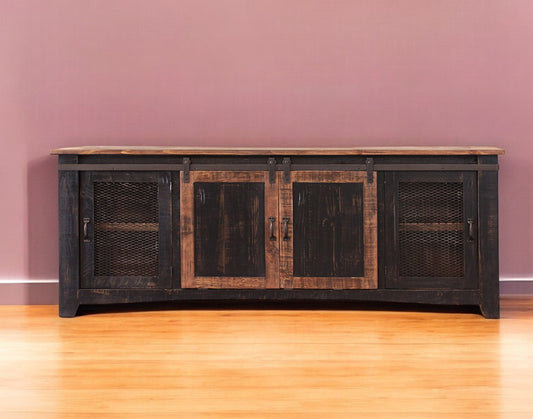 79" Black Solid Wood Cabinet Enclosed Storage Distressed TV Stand-0