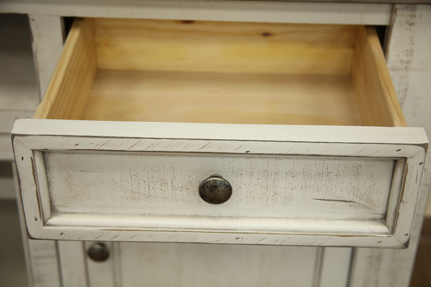 60" Ivory Solid Wood Open shelving Distressed TV Stand-5