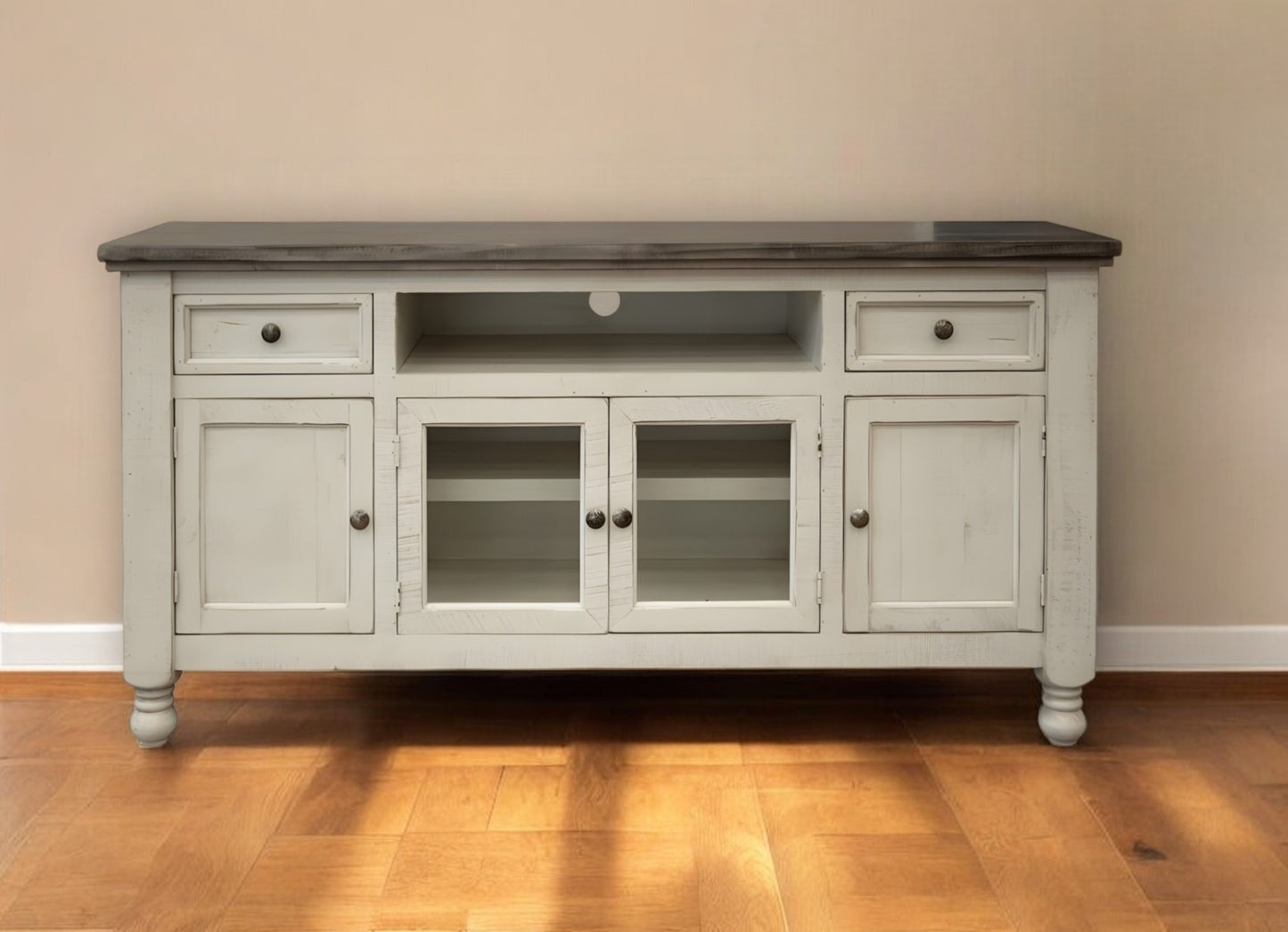 60" Ivory Solid Wood Open shelving Distressed TV Stand-0