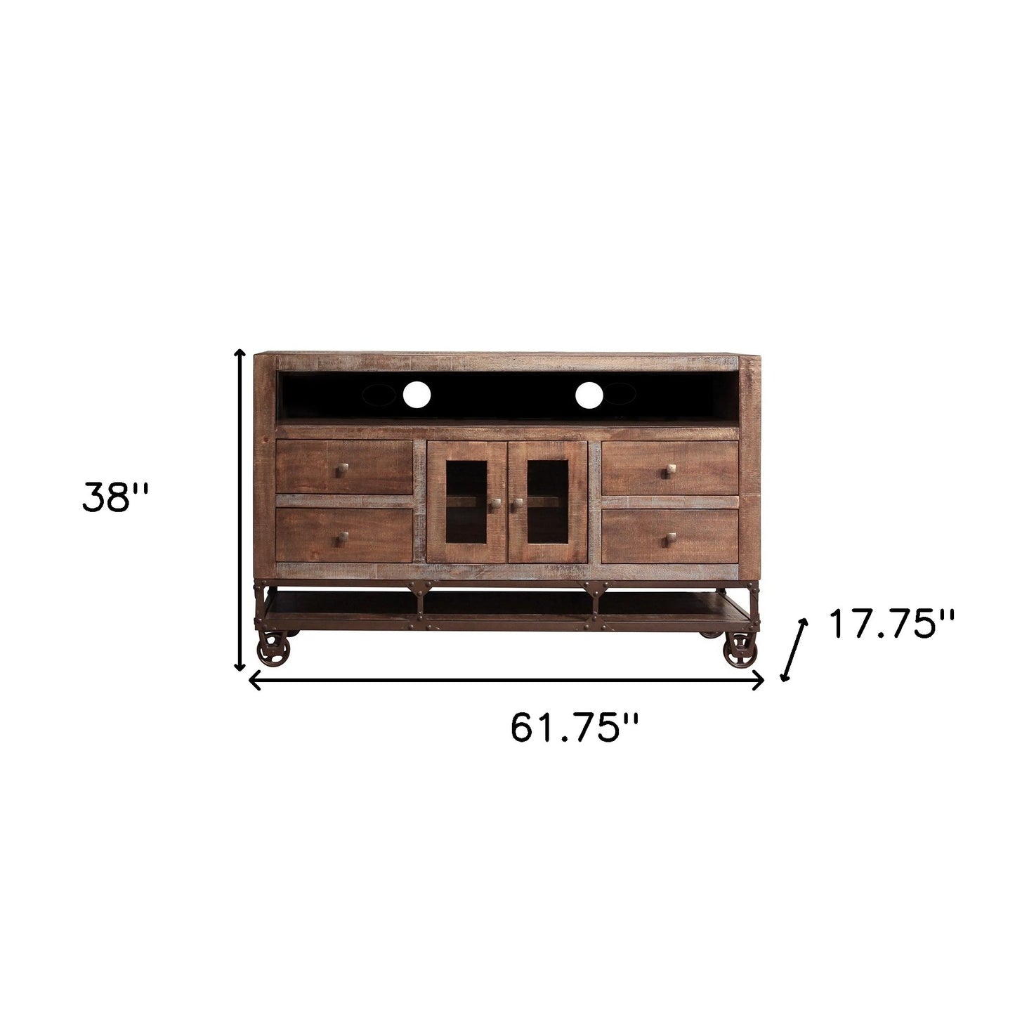 62" Brown Solid Wood Cabinet Enclosed Storage Distressed TV Stand-2
