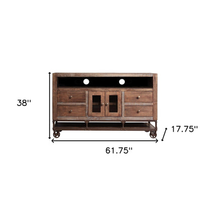 62" Brown Solid Wood Cabinet Enclosed Storage Distressed TV Stand-2