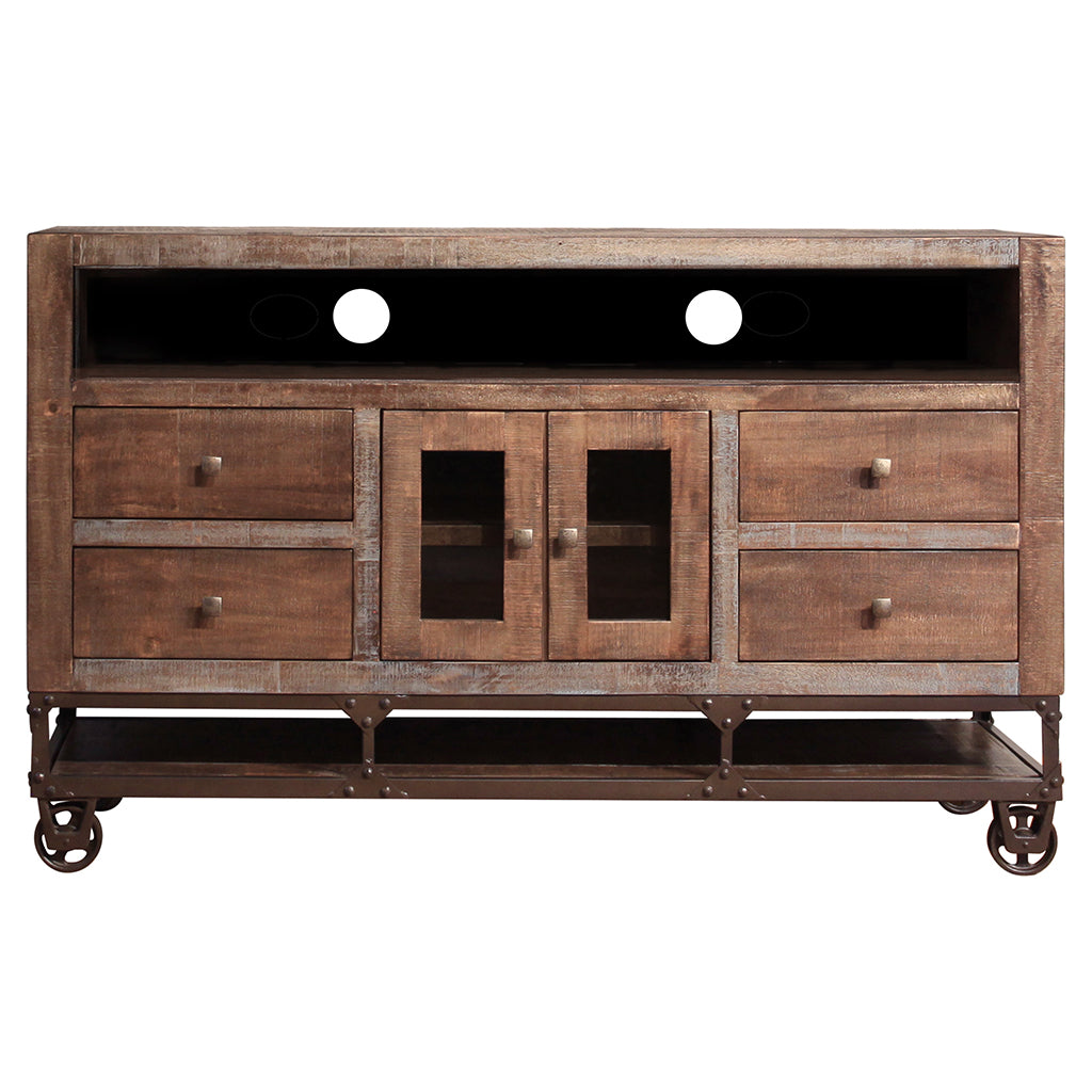 62" Brown Solid Wood Cabinet Enclosed Storage Distressed TV Stand-1