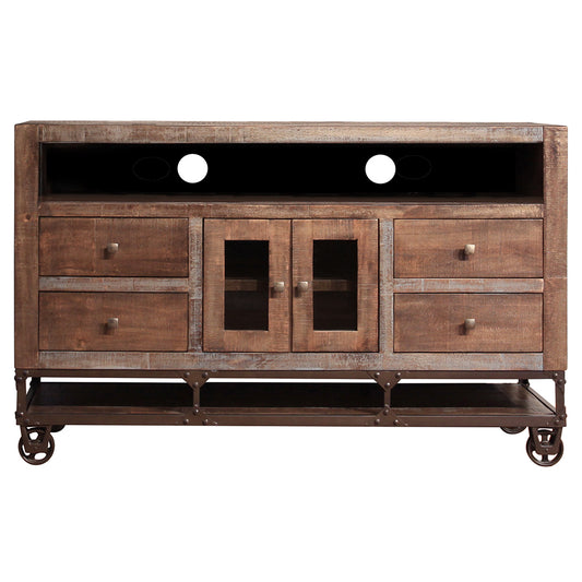 62" Brown Solid Wood Cabinet Enclosed Storage Distressed TV Stand-1