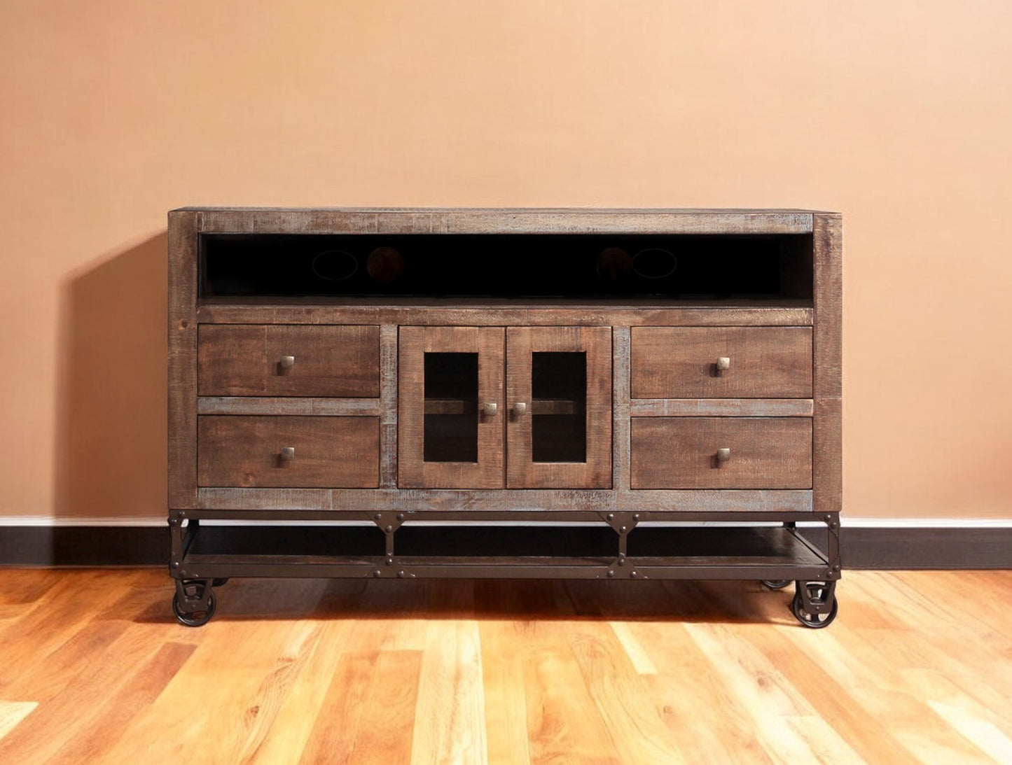 62" Brown Solid Wood Cabinet Enclosed Storage Distressed TV Stand-0