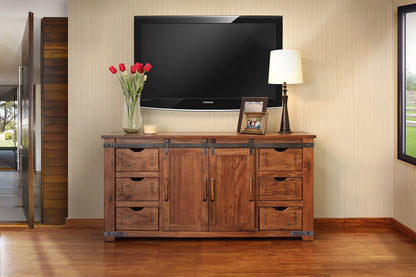 60" Brown Solid Wood Enclosed Storage Distressed TV Stand-6