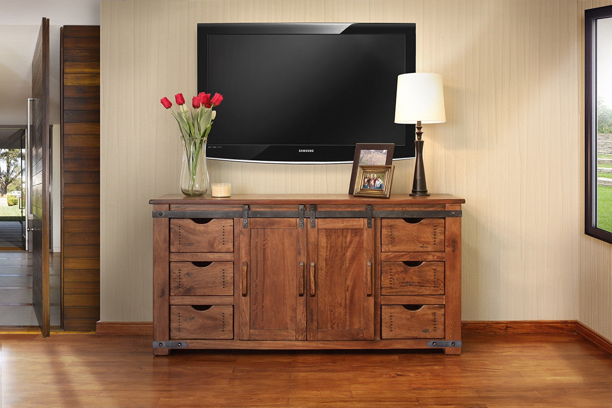 70" Brown Solid Wood Enclosed Storage Distressed TV Stand-7