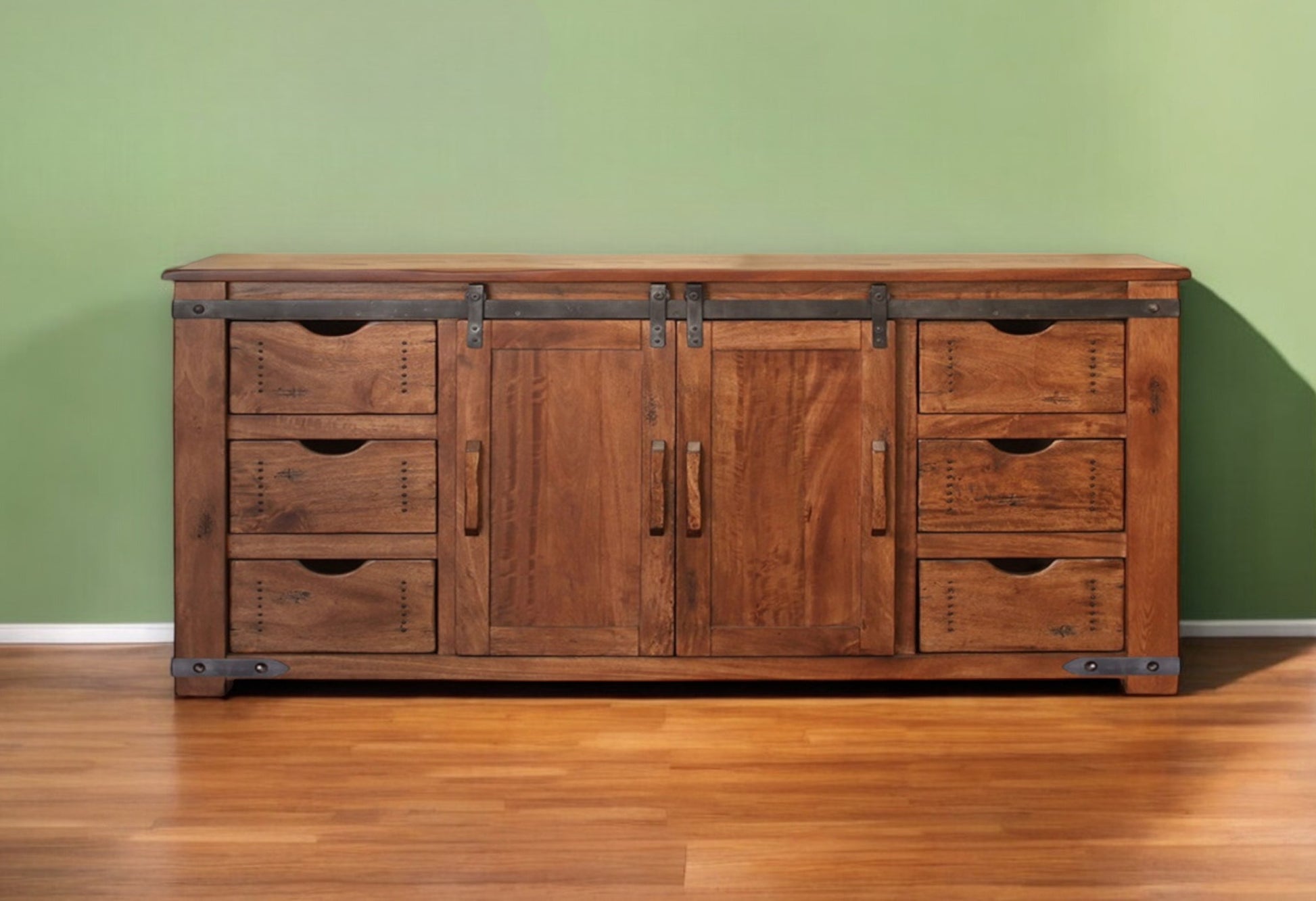 70" Brown Solid Wood Enclosed Storage Distressed TV Stand-0