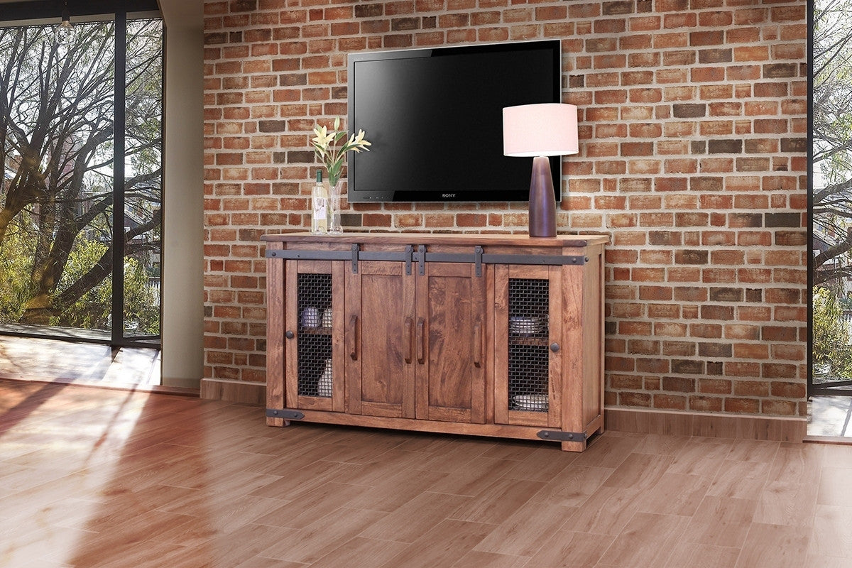 60" Brown Solid Wood Cabinet Enclosed Storage Distressed TV Stand-4
