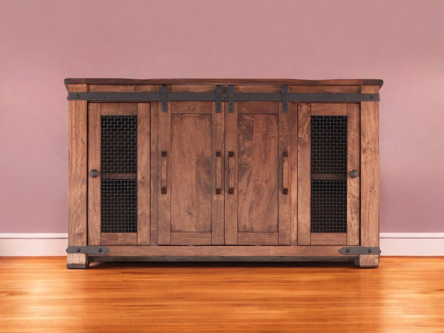 60" Brown Solid Wood Cabinet Enclosed Storage Distressed TV Stand-0