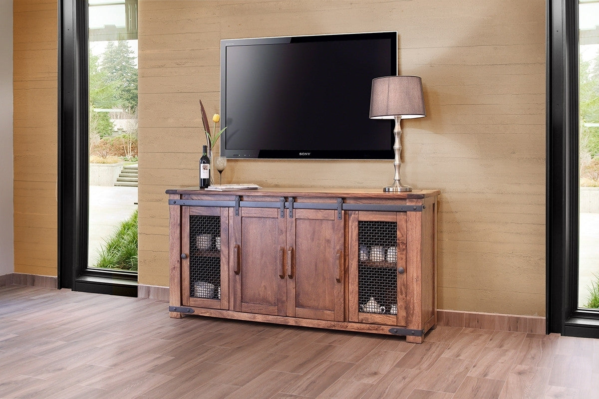 70" Brown Solid Wood Cabinet Enclosed Storage Distressed TV Stand-5