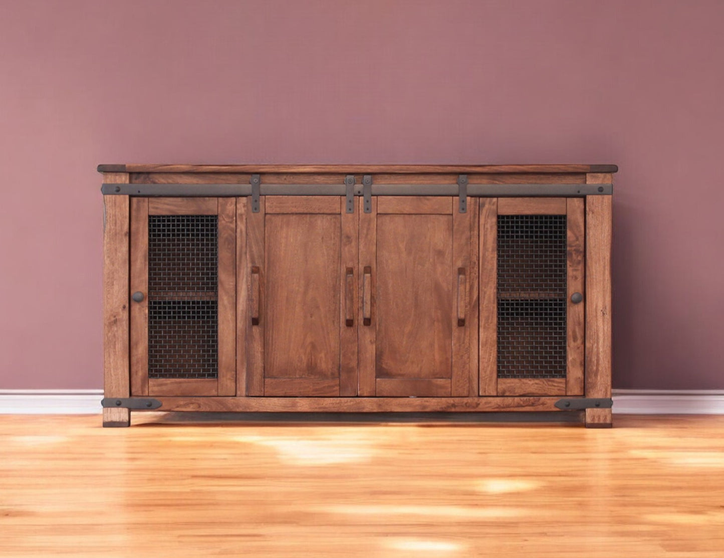 70" Brown Solid Wood Cabinet Enclosed Storage Distressed TV Stand-0