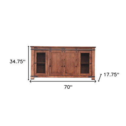 70" Brown Solid Wood Cabinet Enclosed Storage Distressed TV Stand-4
