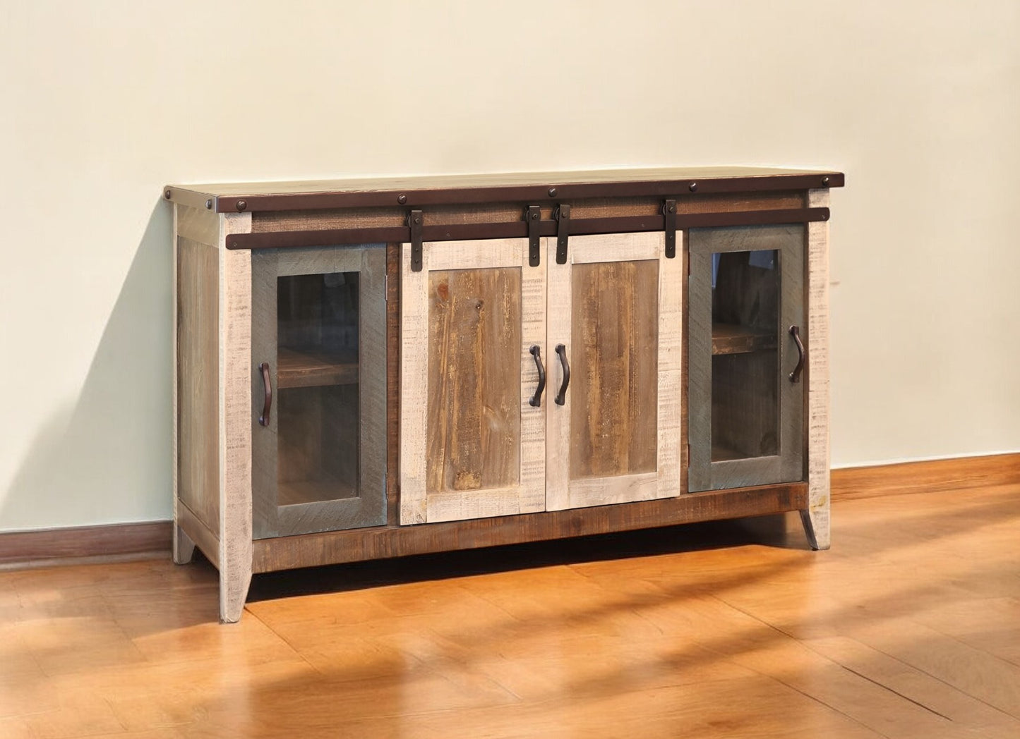 60" Brown Solid Wood Cabinet Enclosed Storage Distressed TV Stand-0