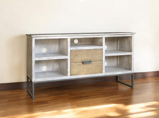 70" Light Gray Solid Wood Open shelving Distressed TV Stand-0